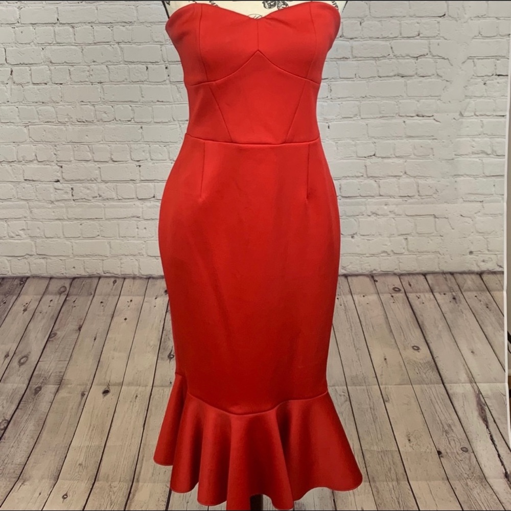 Express Red Strapless Scuba Ruffle Bottom Dress
